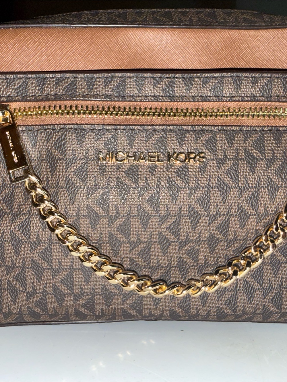 Michael Kors Brown Monogram Crossbody with Gold Chain Accent
